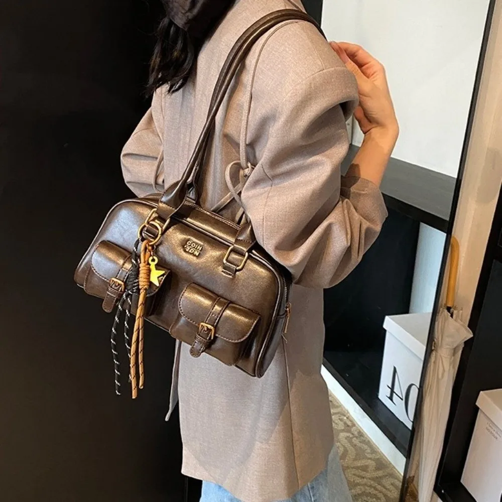 

Fashion JK Leather Shoulder Bag PU Leather Handheld Bowling Bag Zipper Closure Multifunction Hobo Bag Travel