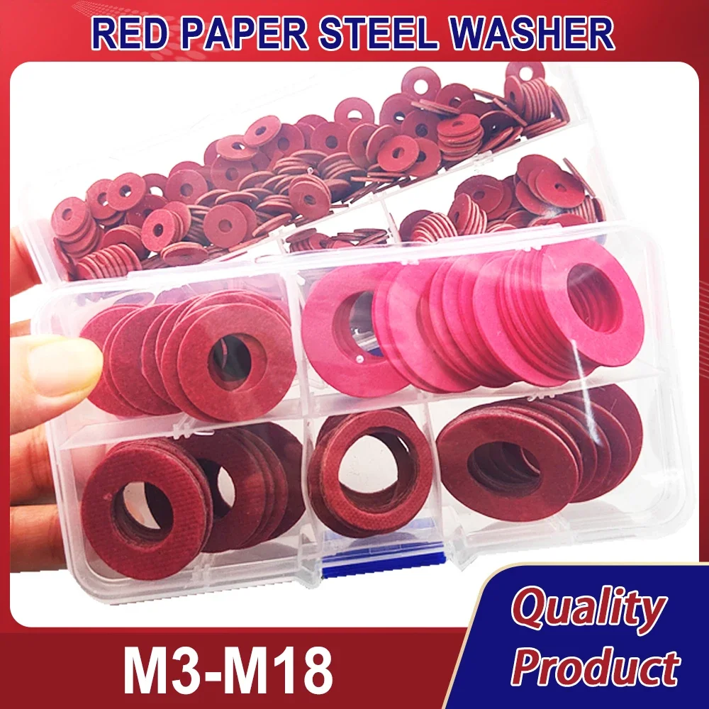 M3-M18 Red Paper Flat Insulation Washer Fiber Gasket Set Electrical Electronic Insulation Red Paper Steel Washer Set Kit