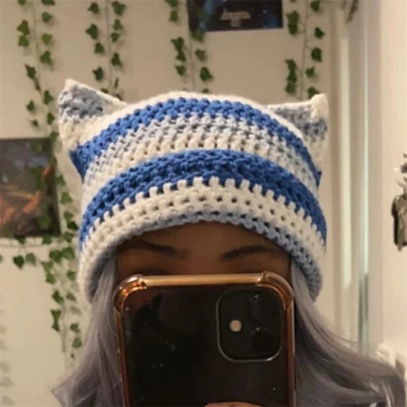 Crochet Striped crochet cute cat ear beanie for women men soft slouchy hat trendy winter warm braided personality hat