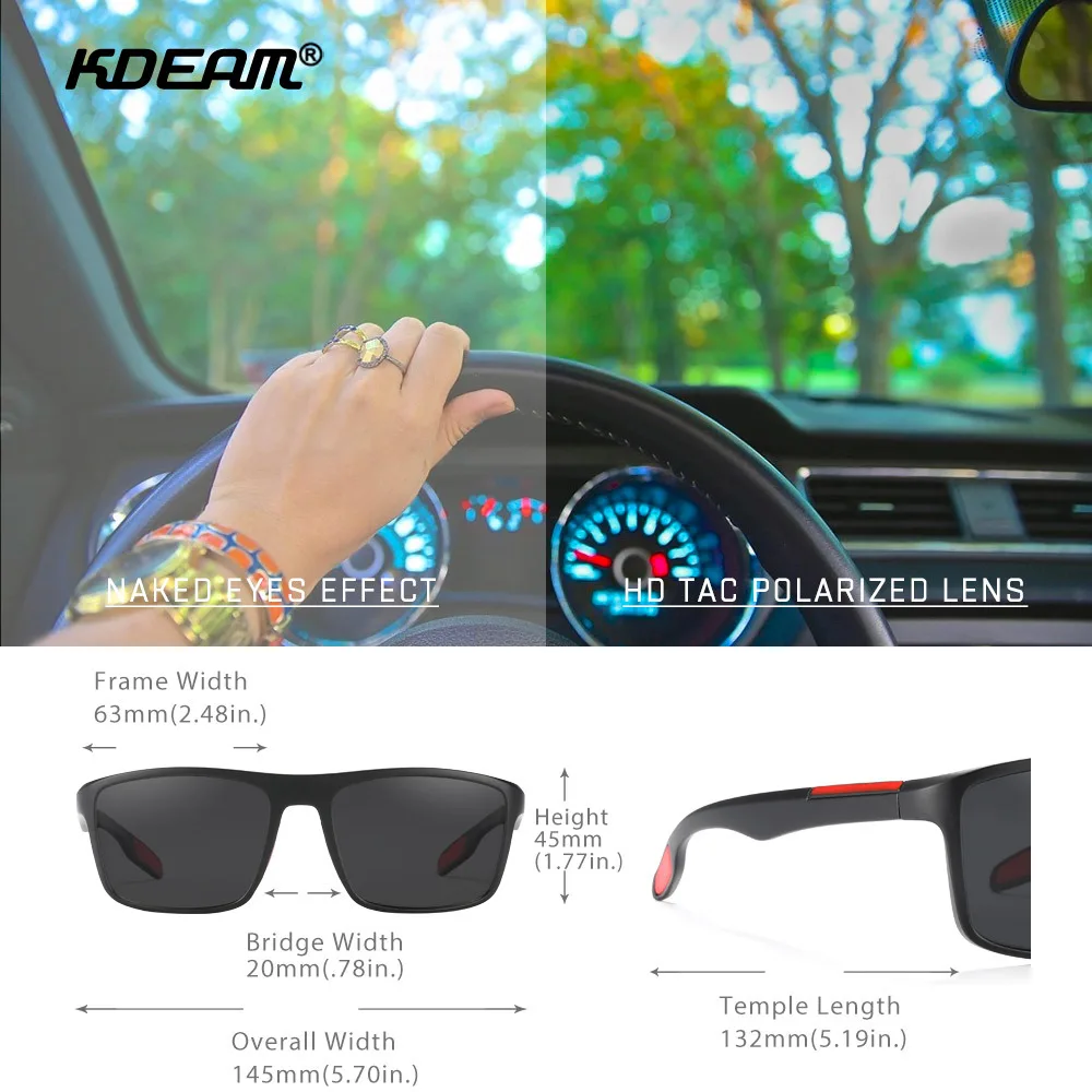 KDEAM Square Ultra Light TR90 Sunglasses Men Polarized TAC 1.1mm Thickness Lens Driving Fishing Glasses Women Sports Eyewear