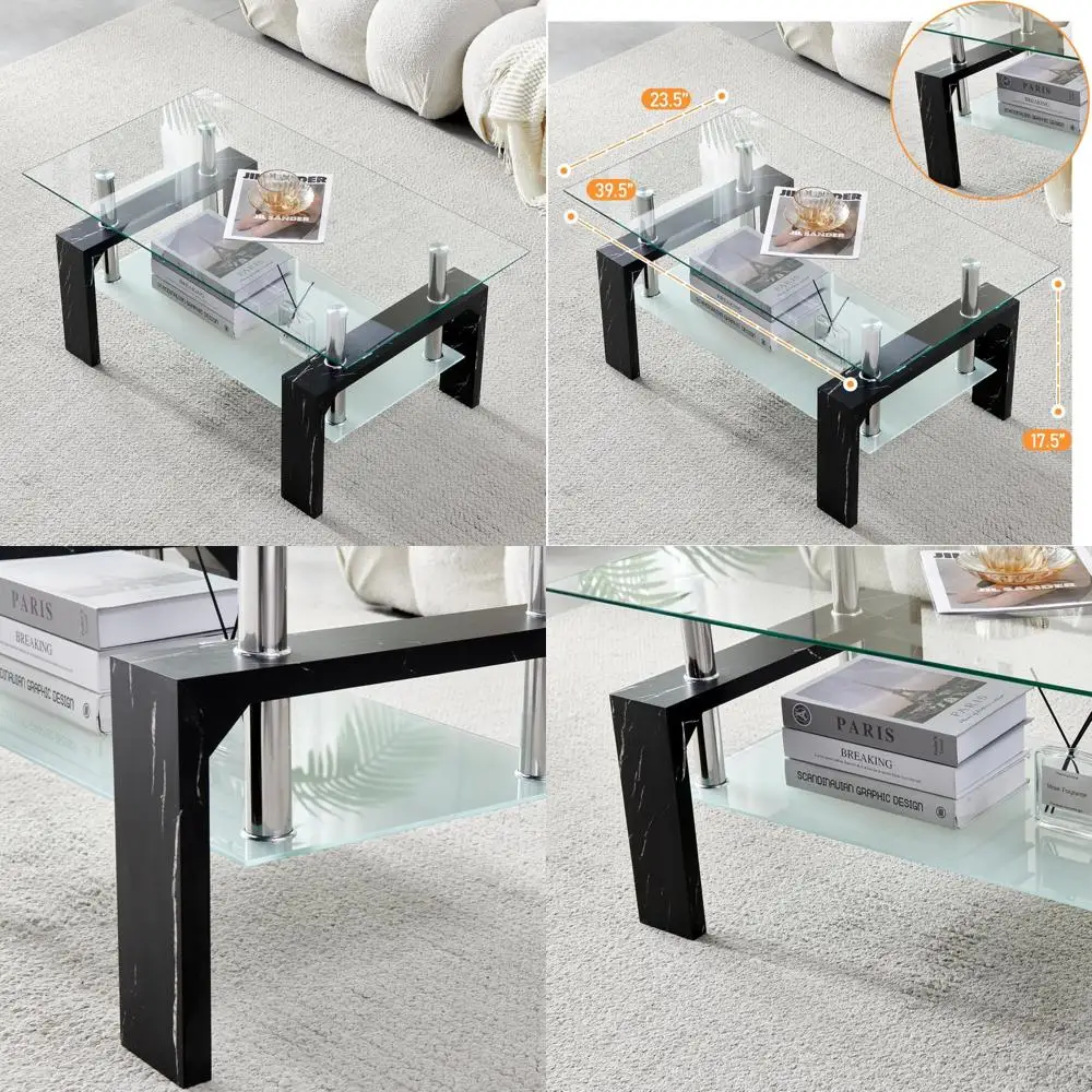 

Modern Rectangular Coffee Table with Wooden Legs, Ideal for Living Rooms and Waiting Areas, Glass Top Side Table