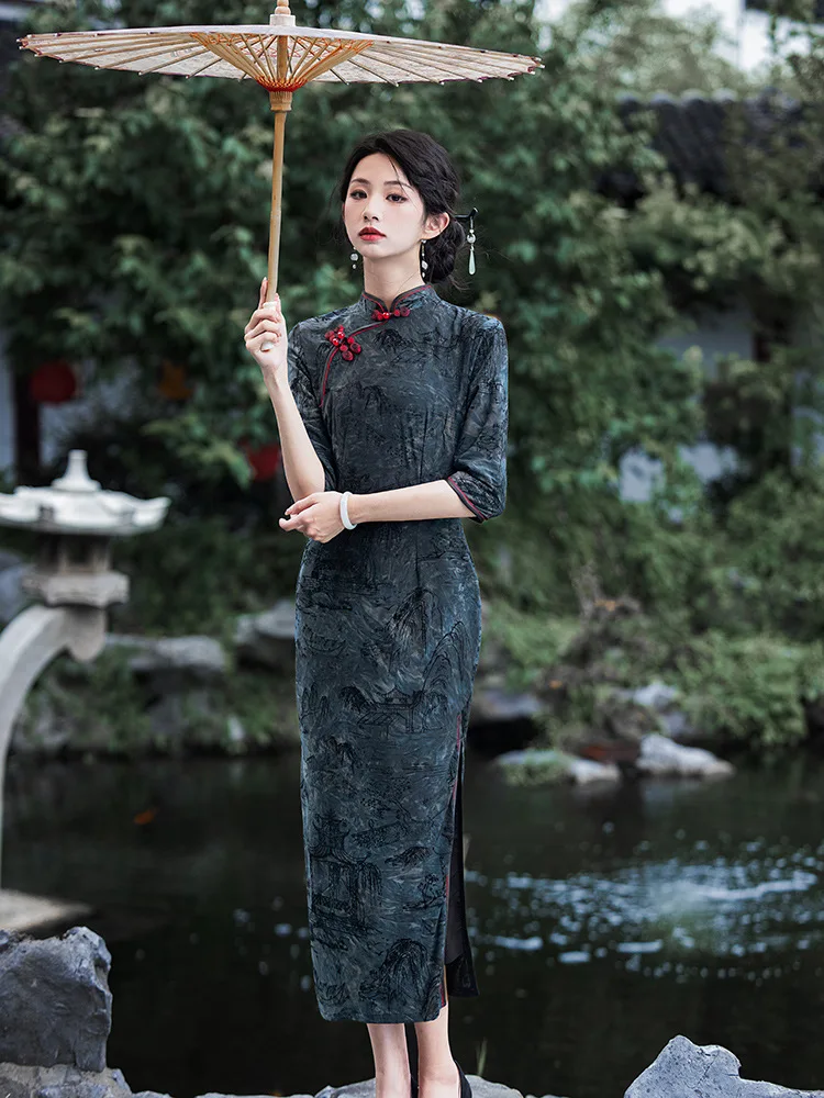 Oversize 3XL Women Qipao Sexy Slim Cheongsams Chinese Style Dresses Elegant Traditional Dresses Autumn Winter Velvet Vestidos