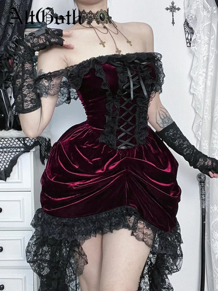 

AltGoth Vintage Gothic Lolita Dress Women Dark Palace Style Aesthetic Lace Patchwork Strapless High Waist Bandage Corset Dress