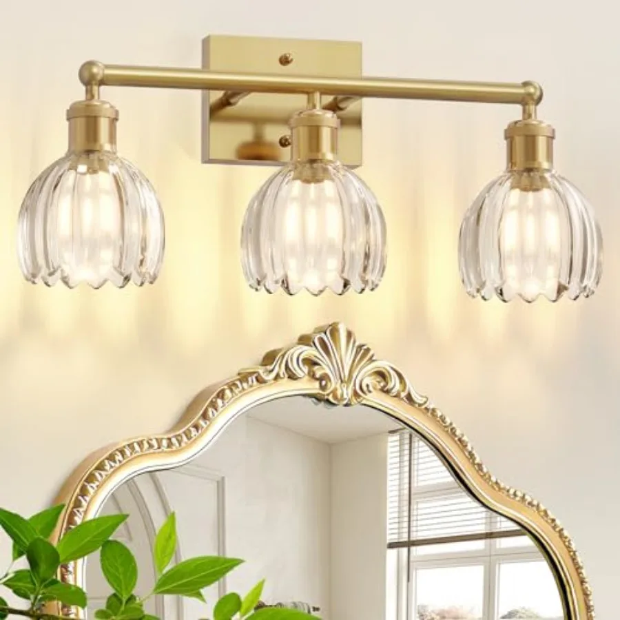 

Antique Brass Bathroom Light Fixtures Over Mirror, Bathroom Vanity Lights Over Mirror, Brass Wall Lights with Clear Glass Tulip