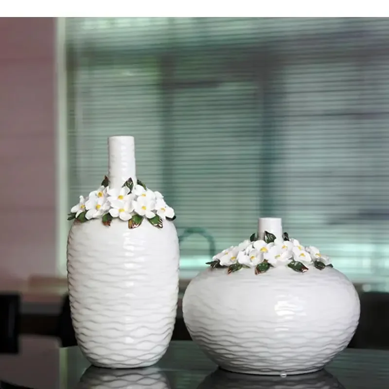 

ACreativity White Little Wave Pattern Ceramic Vase Jade Porcelain Handicraft Flower Arrangement Modern Home Decorations