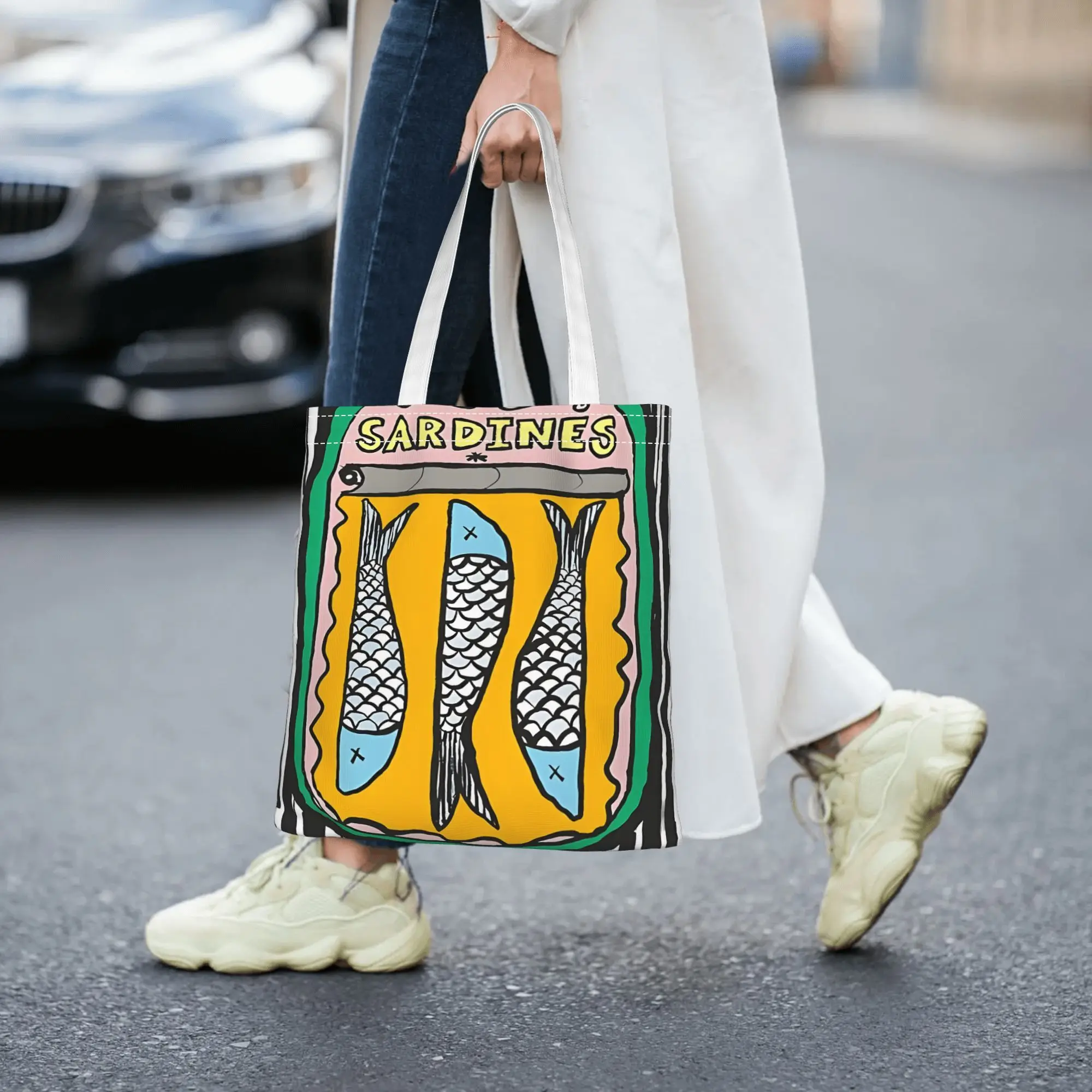 Sardines in A Tin with A Striped Daily Tote Bag Cute Shopping Bag with Handle
