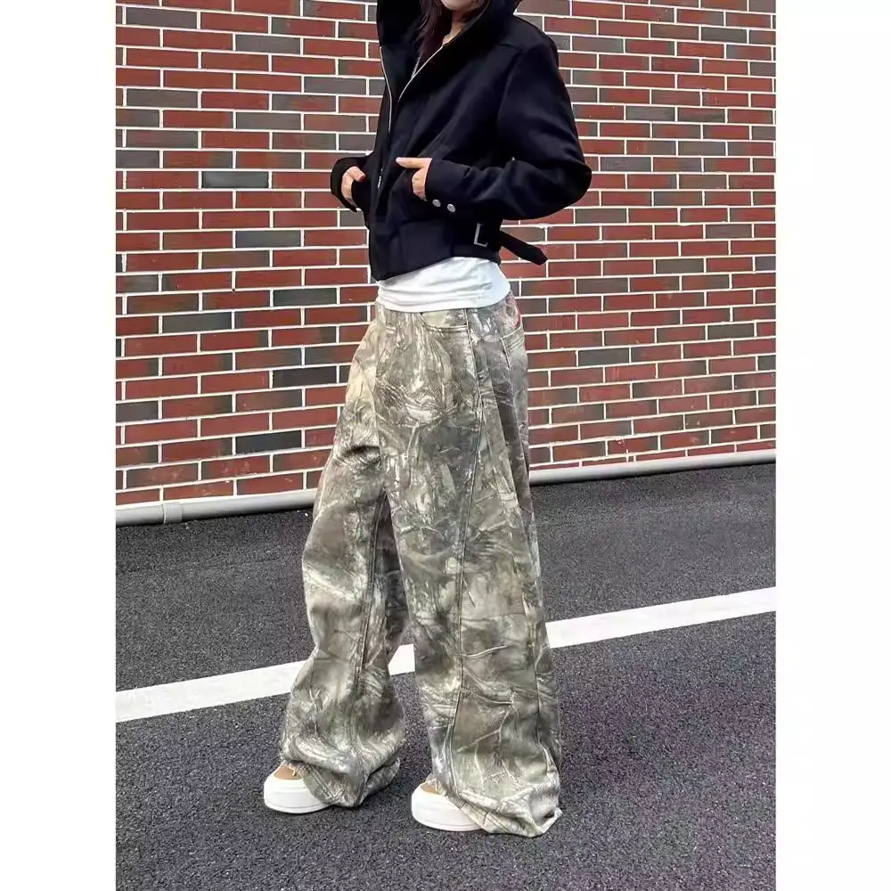 Women's Embroidered Letters Tree Branches Camouflage Pants Girl Casual Bottoms Wide Leg Female High Waist Fashion Trousers