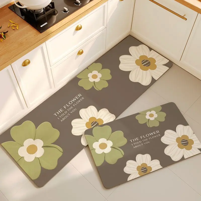 

New Floral Kitchen Floor Mat Rug Anti Slip Oil Resistant Erasable Washable Properties Durable Diatomaceous Earth Absorbent Pads