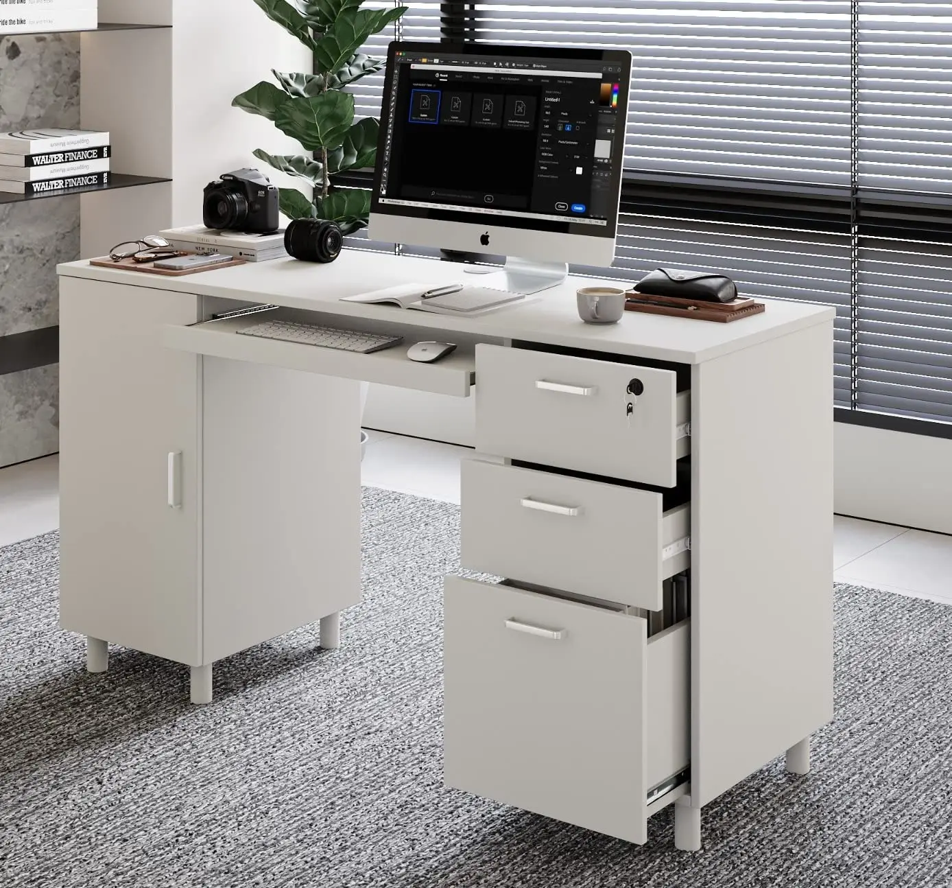 

Modern 53" Executive Computer Desk with 3 Locking Drawers, Storage Cabinet & Keyboard Tray, Home Office, White, Customized