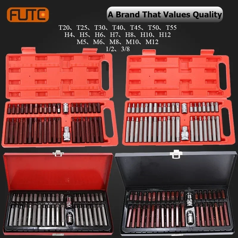 FUTE 40Pcs 1/2 3/8in Adaptor Drive Shank Hex Torx Impact Socket Set Metric Driver Wrench Screwdriver Set Car Repair Hand Tools