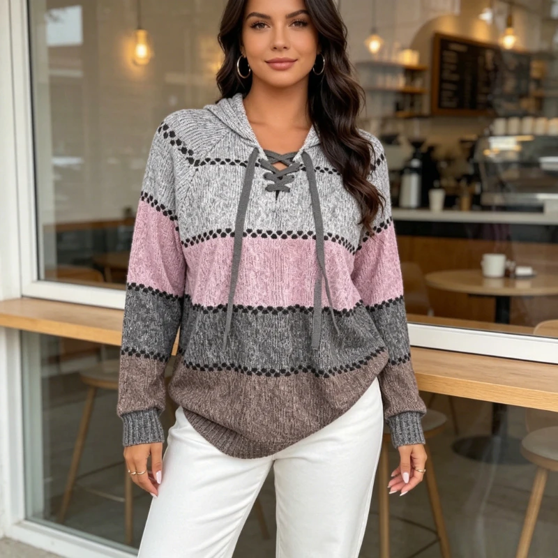 Women Multicolor Stripe Hoodie Knitted Top Lace Up Drawstring Long Sleeve Fit Color Block Sweater Casual Daily Wear Pullover