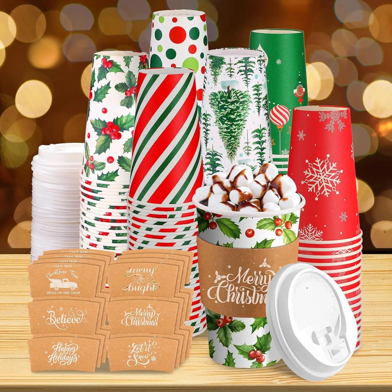 

72 Sets/ 216 Pcs Christmas Paper Cups 16 oz Disposable to Go Coffee Cups with Lids and Sleeves Xmas Hot Cocoa Coffee Mug
