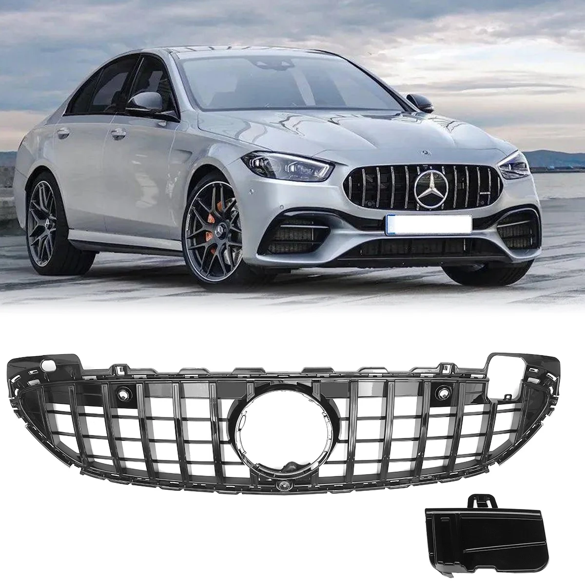 Front Racing Grill Bumper Grille w/ Camera Hole For Mercedes Benz C Class W206 C200 C300 2022 GTR Style Car Styling