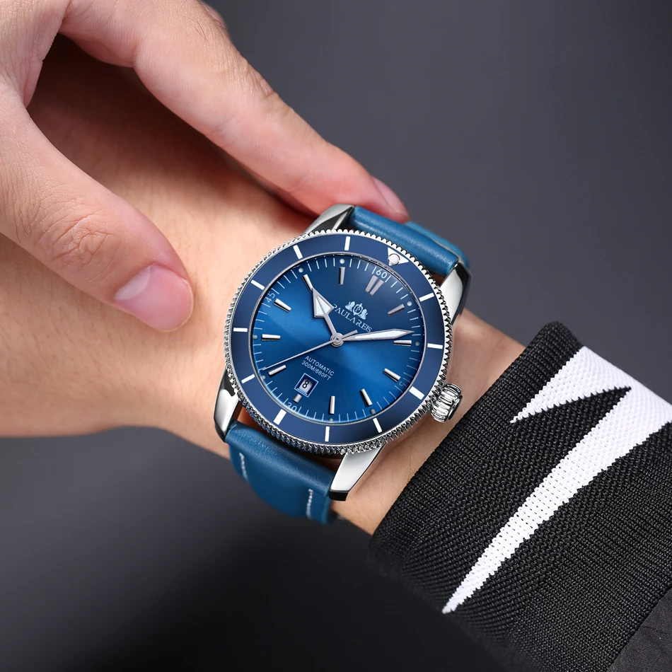 Montre océan pour hommes, filet mécanique à remontage automatique, en acier inoxydable, bracelet en cuir noir et bleu, Super luxe, grand visage, 46mm