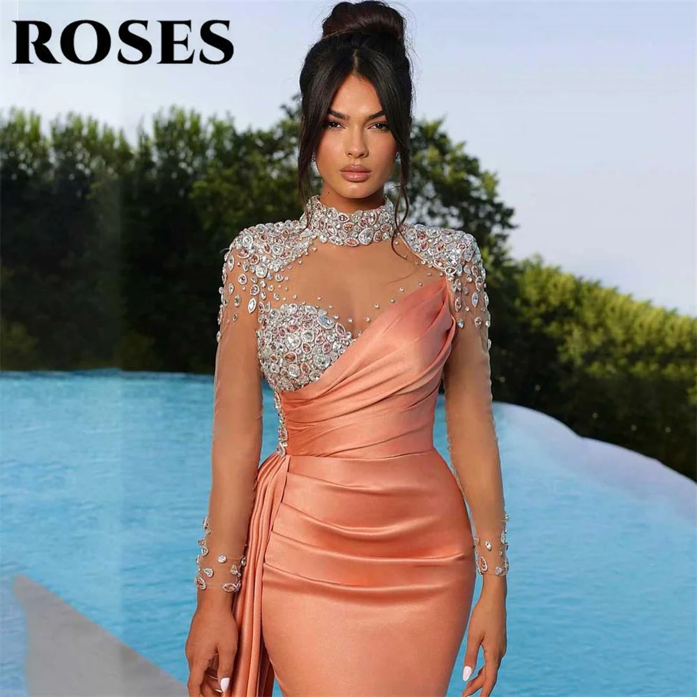 ROSES-vestido de noche púrpura para mujer, traje de fiesta de sirena alta con pliegues de satén, manga Regular