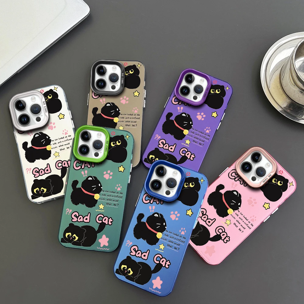 

Cartoon Sad Cat Phone Case For iPhone 16 12 13 14 15 Pro Max Plus Color Electroplated Silver IMD Laser Shell