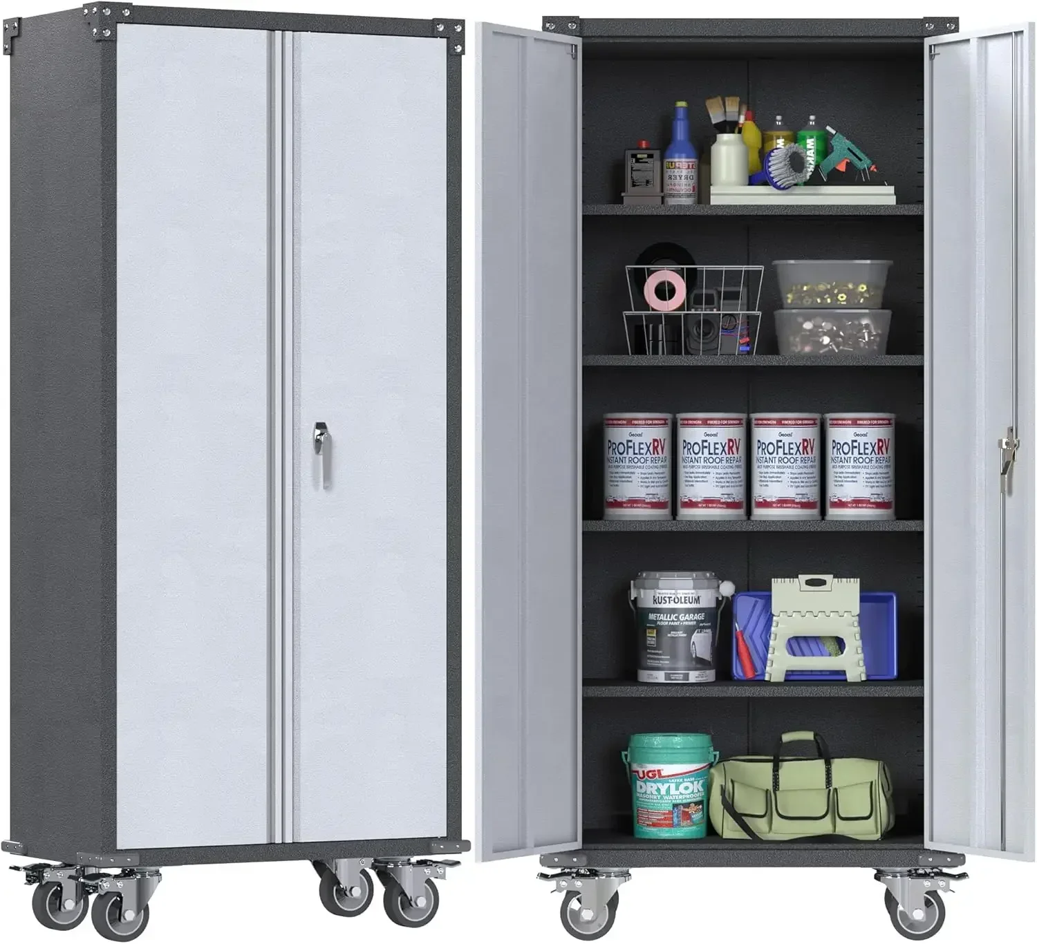 Garage Storage Cabinet with Wheels,Metal  Adjustable, Lockable Rolling Cabinet,Home Office Metal Utility Cabinet for Garage