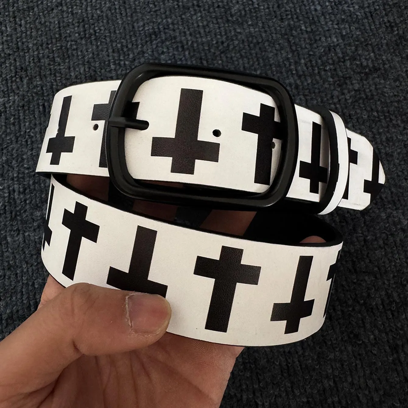 Fashion Printed Belt Retro Male Belts for Men Women Business PU Leather Belt Cross Pattern Jeans Pants Waistband Y2K Strap
