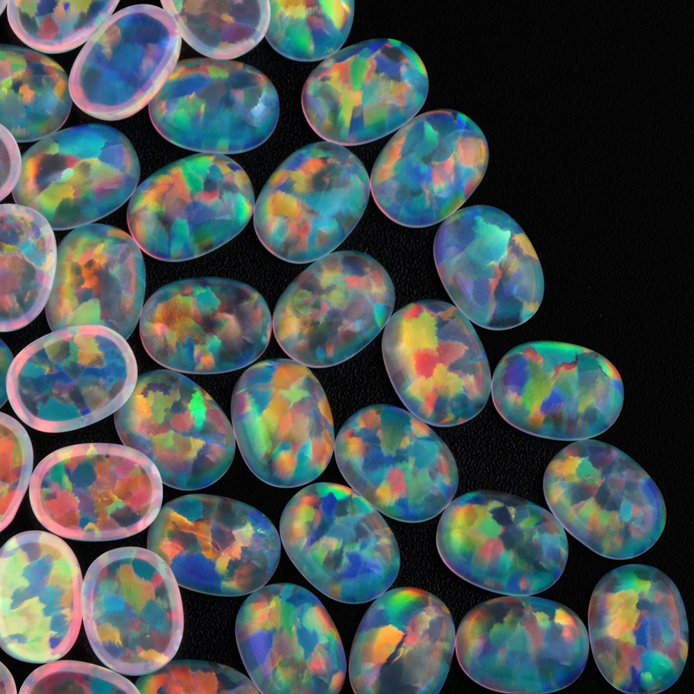 Wholesale 20pcs/lot Water Blue Rainbow Colorful Oval Flat Bottom Gems Synthetic Jelly Opal Oval Gems for Ring Chain