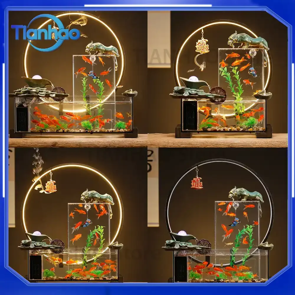 Creative Circulating Small Glass Fish Tank for Desktop Office Living Room Aquascape Decoration No Water Change Required