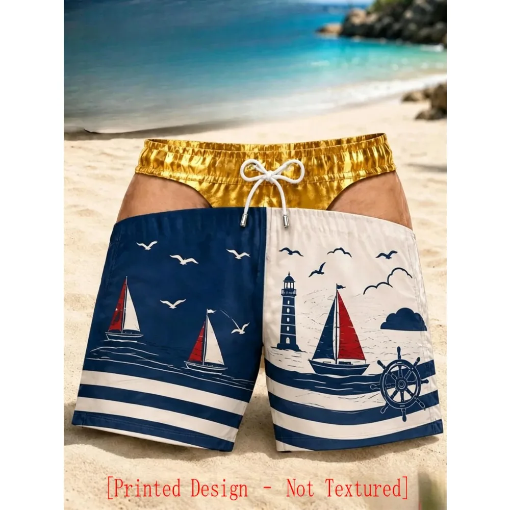 Funny 3D Optical Illusion Men's Swim Trunks Fake Butt Nautical Lighthouse Sailboat Gold Waist Quick Dry Drawstring Beach Shorts