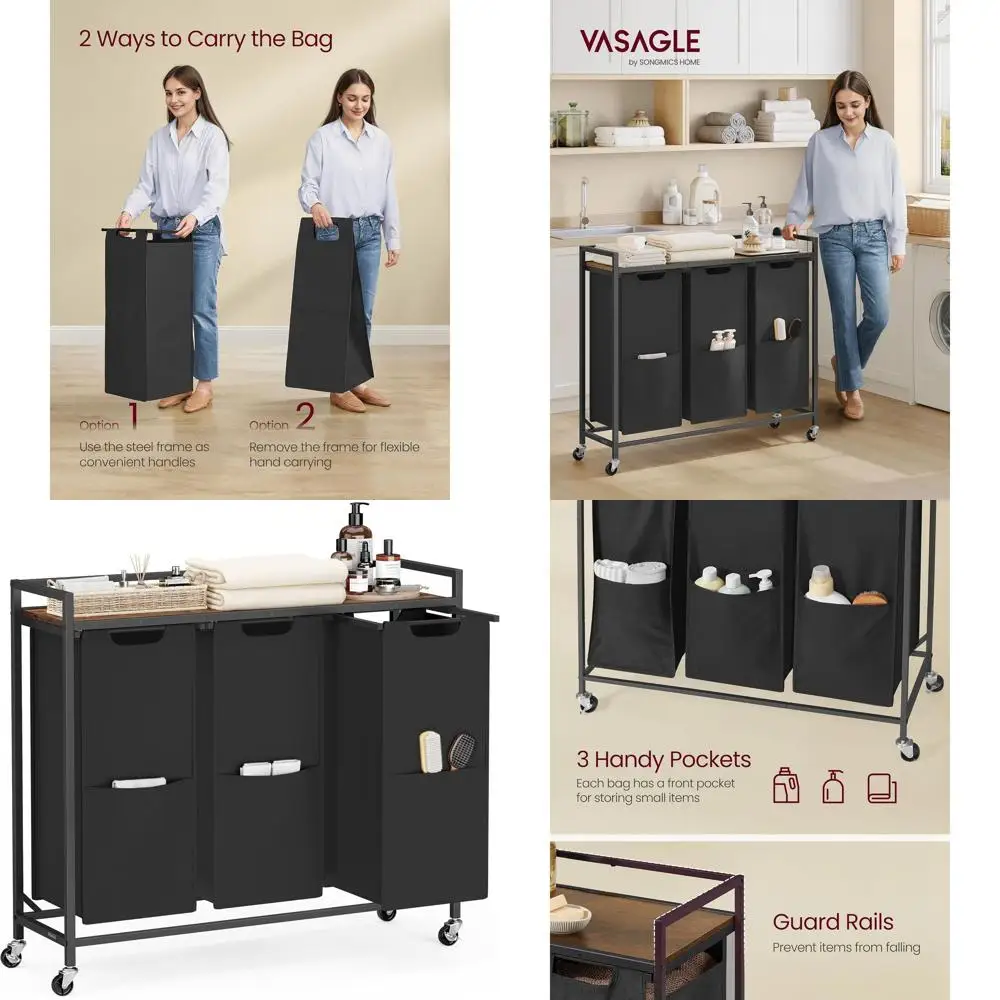 

43.5 Gal Dual-Tone Laundry Sorter with 3 Compartments, Rolling Cart, Removable Bags