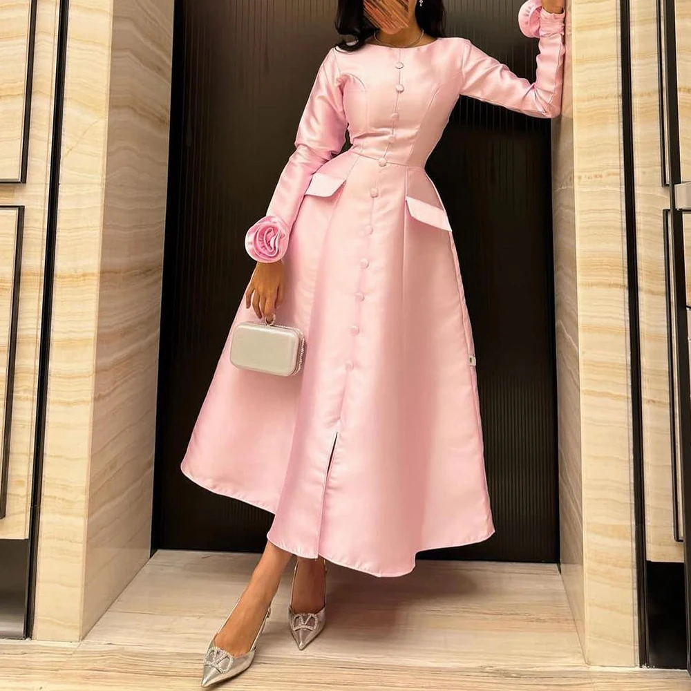 

Customized High Quality Crew Neck Long Sleeves Buttons Flowers Evening Dress Temperament Satin Photo Color Vestido De Festa