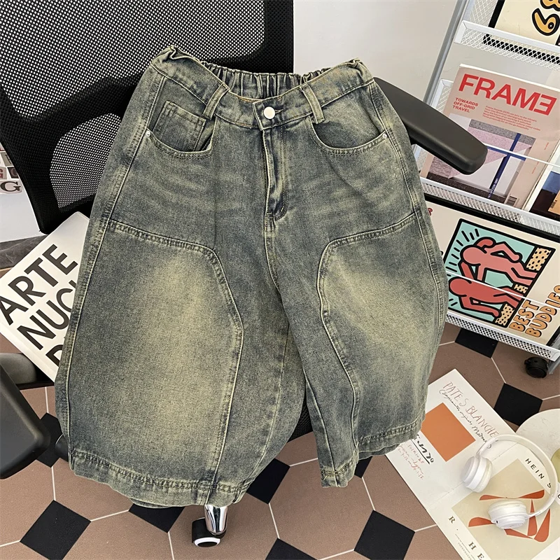 

Retro American Waed Denim orts Men's Summer New Straight Leg Wide Leg Casual Seven-Foot Pants Low Waist Zipper Fly