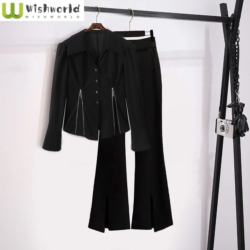 

Zipper Decorative Long Sleeve Chiffon Shirt Casual Bellbottom Pants Two Piece Elegant Women's Pants Set Office Outfits