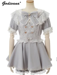 Japanese Liz Love Lace Embroidered Bow Dress Culottes Set Spring Summer Mine Series Mass Production Lolita Shirt Dress Shorts