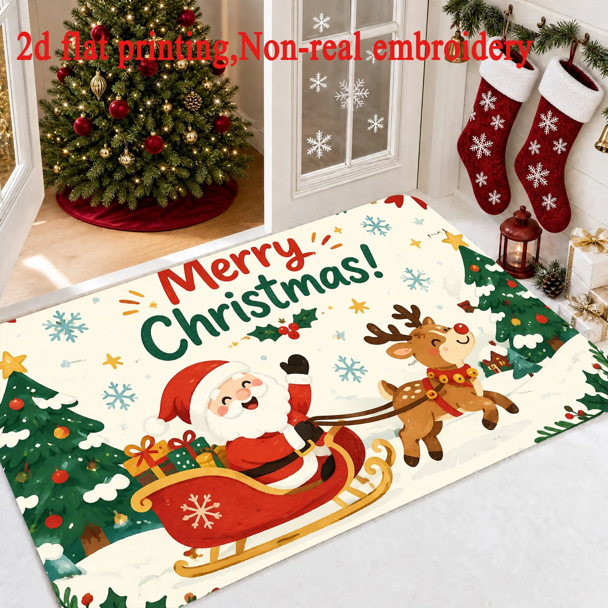 Adorable Pet Christmas Doormat Four Kittens Inside Knit Stockings Snow Print Floor Mat Indoor Entrance Xmas House Accessory