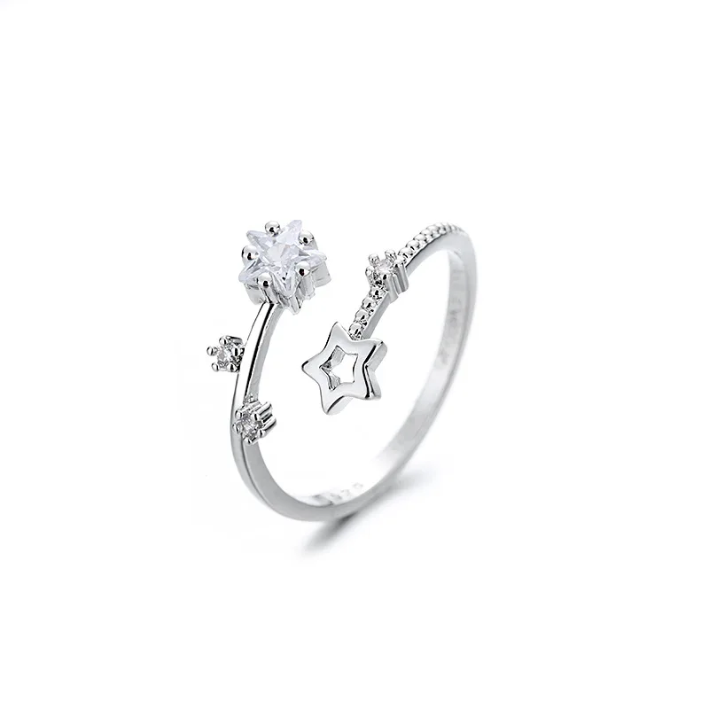 CIAXY Silver Color Hollow Five-pointed Star Rings for Women Flower Vine Adjustable Ring Inlaid Zircon Wedding Jewelry