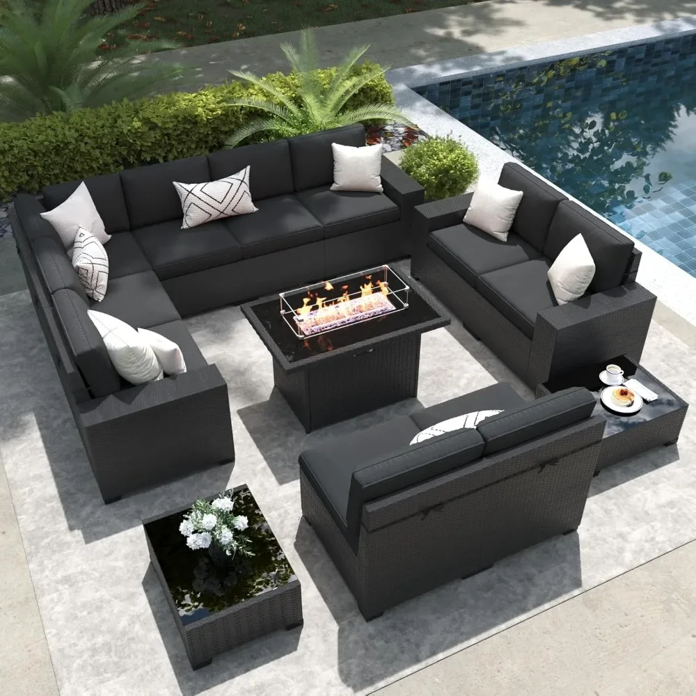 

13 Pieces Outdoor Patio Furniture Set with 44" Fire Pit Table Brown Rattan Sectional Sofa Conversation Sets