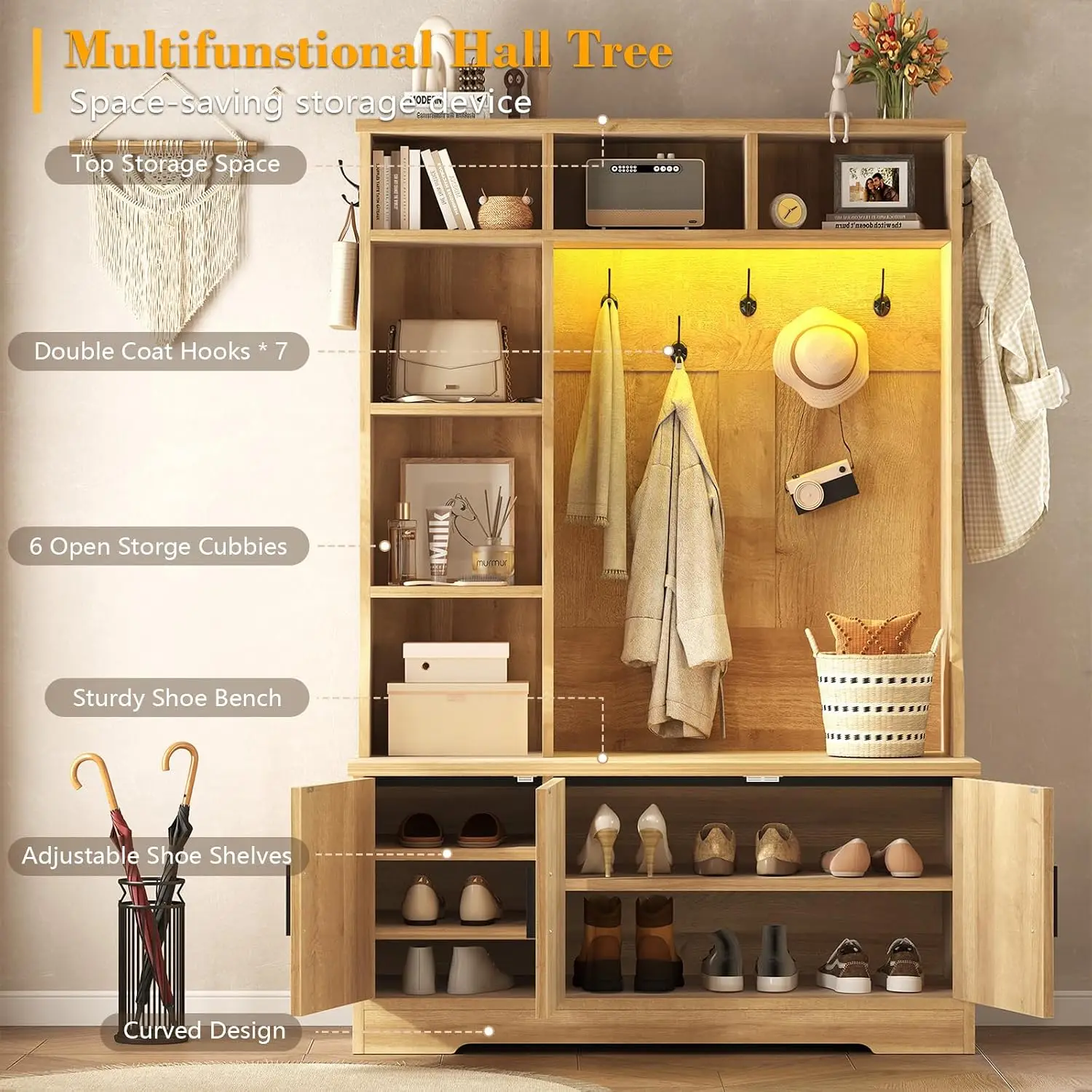 Fluted Hall Tree with Bench and Shoe Storage and LED Lights, Customized