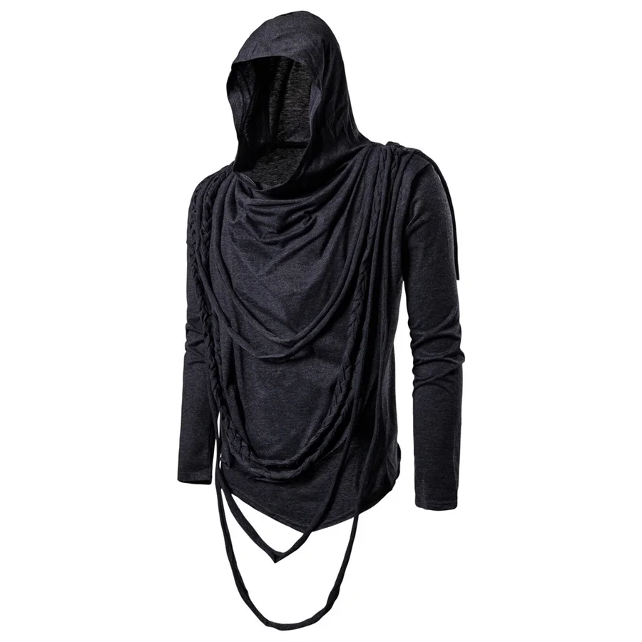 New 2024 Men\'s Tassel Irregular Long Sleeve T-shirts Spring Punk Rock Hip Hop Tees Streetwear Trend Gothic Hooded Tops for Men