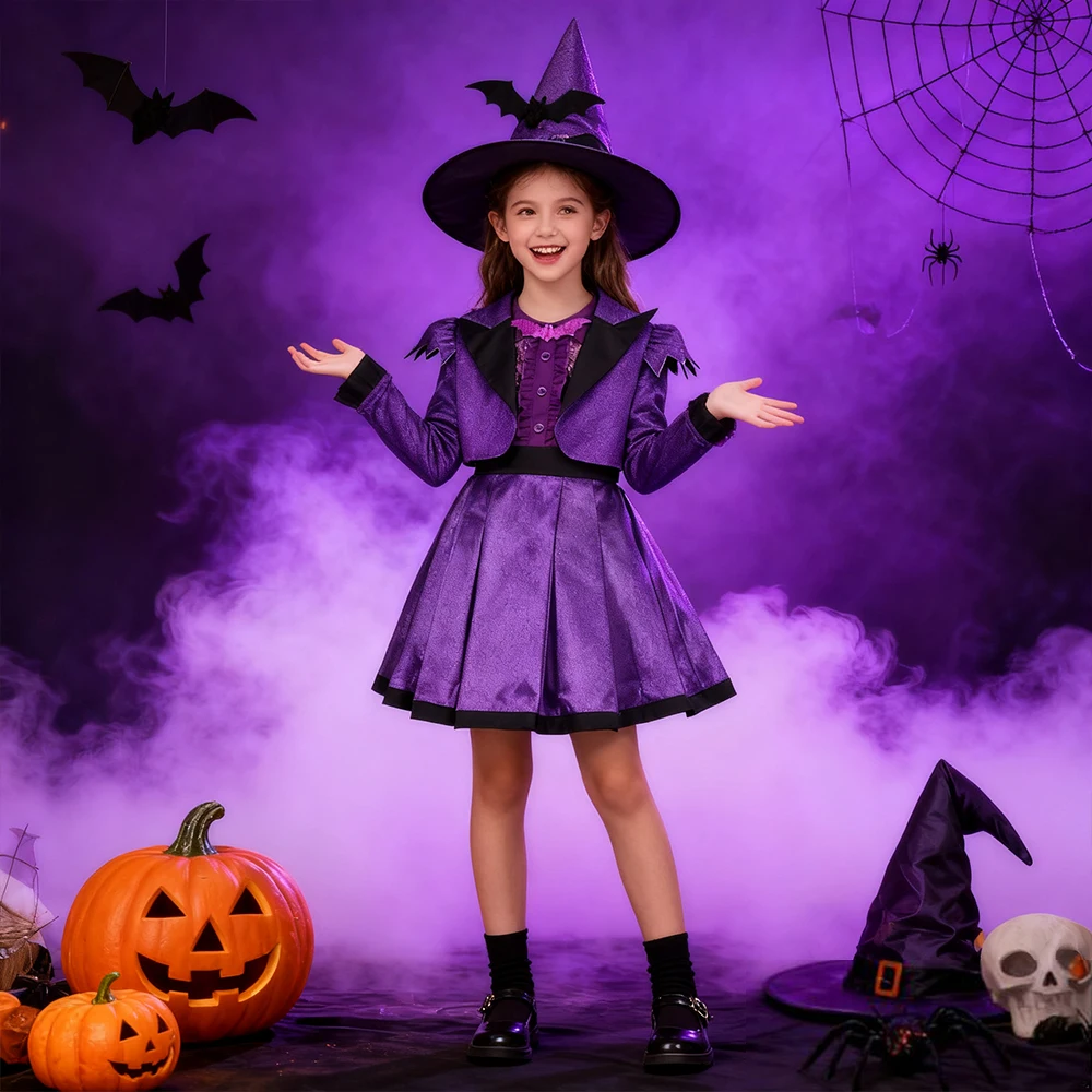 

Fashion Purple Vampire Girl Cosplay Costume Halloween Performance Children Clothing Princess Dress+Coat 2Pcs Girls Party Dresses