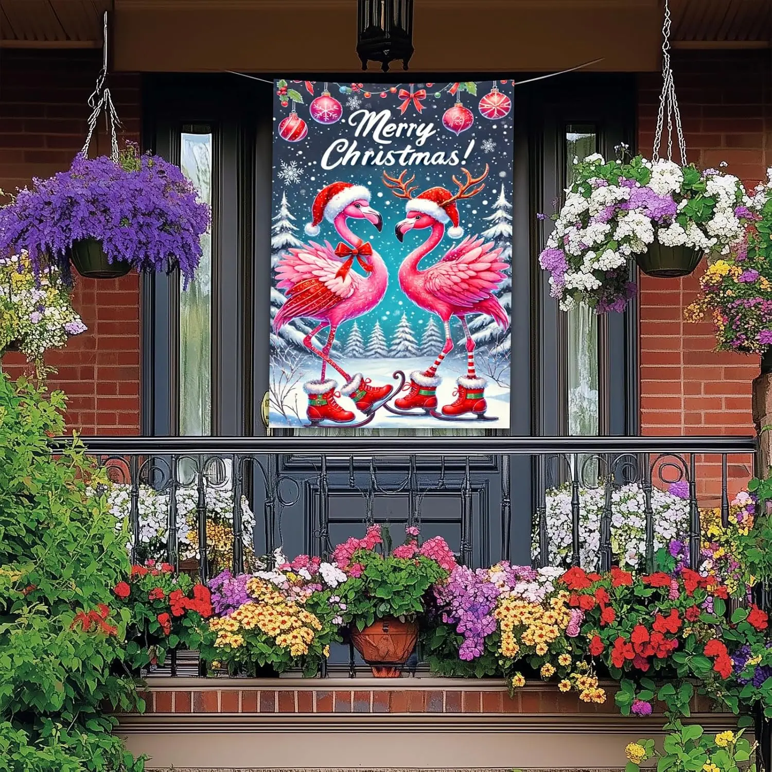 Merry Christmas House Flag 28 x 40 Inch Double Sided Garden Flag with Two Flamingos in Santa Hats and Ice Skates for Winter  llz