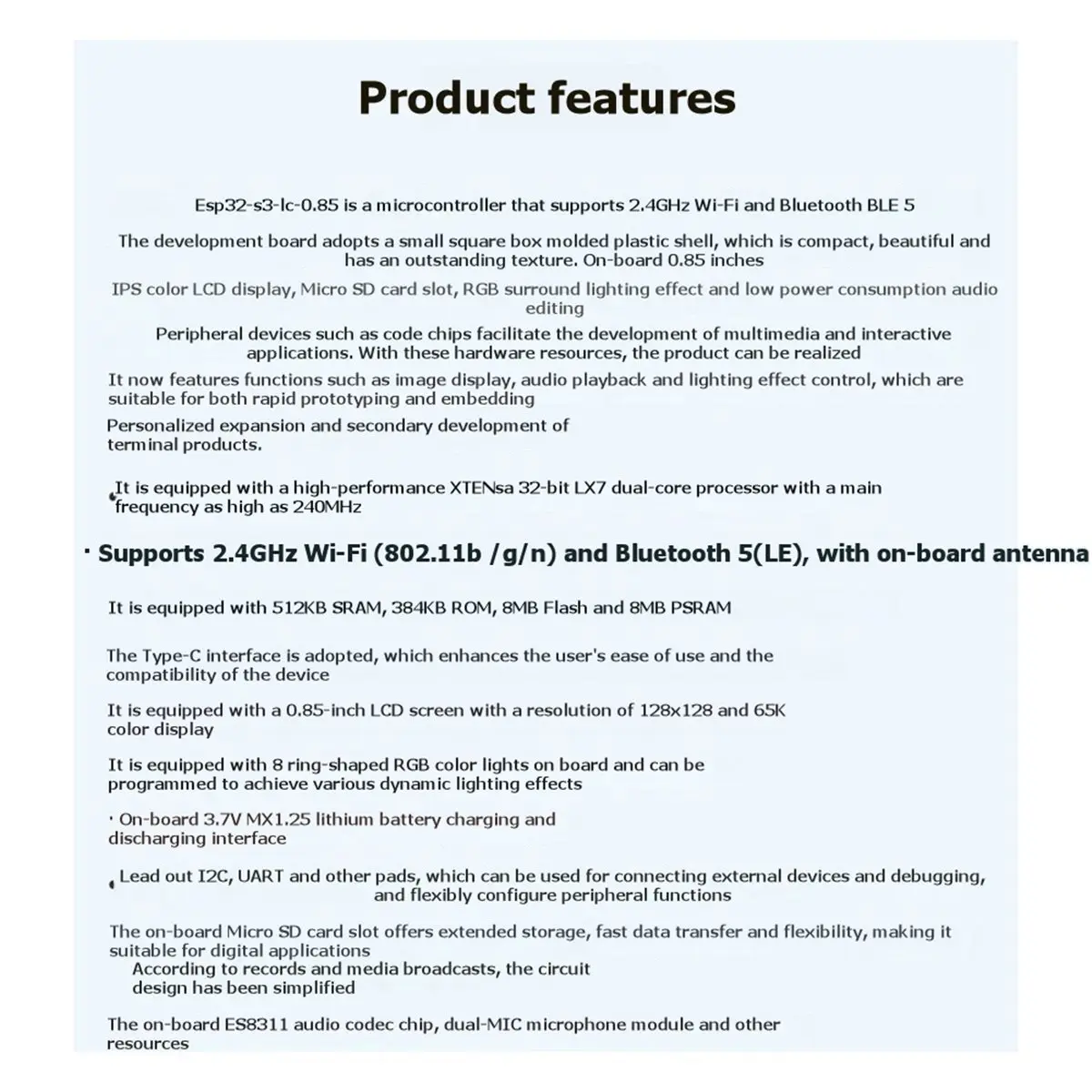 esp32-s3-085インチlcdディスプレイ開発ボード（128x128解像度、オンボードデュアルマイクアレイ、サラウンドrgb-led搭載）を購入できます。