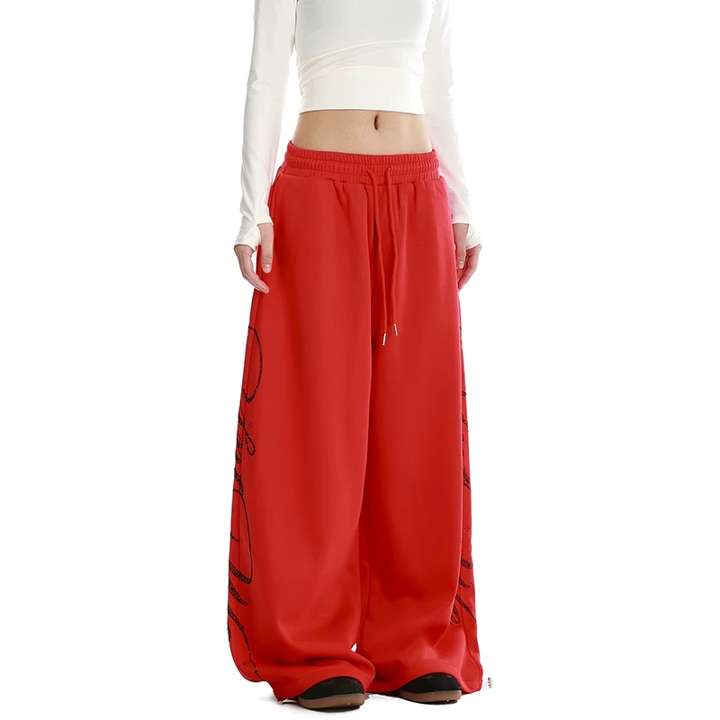 YIBASHU Women Red Oversize Letter Pants Harajuku Baggy Sweatpants Y2k Vintage Streetwear Japanese 2000s Trousers Spring Clothes