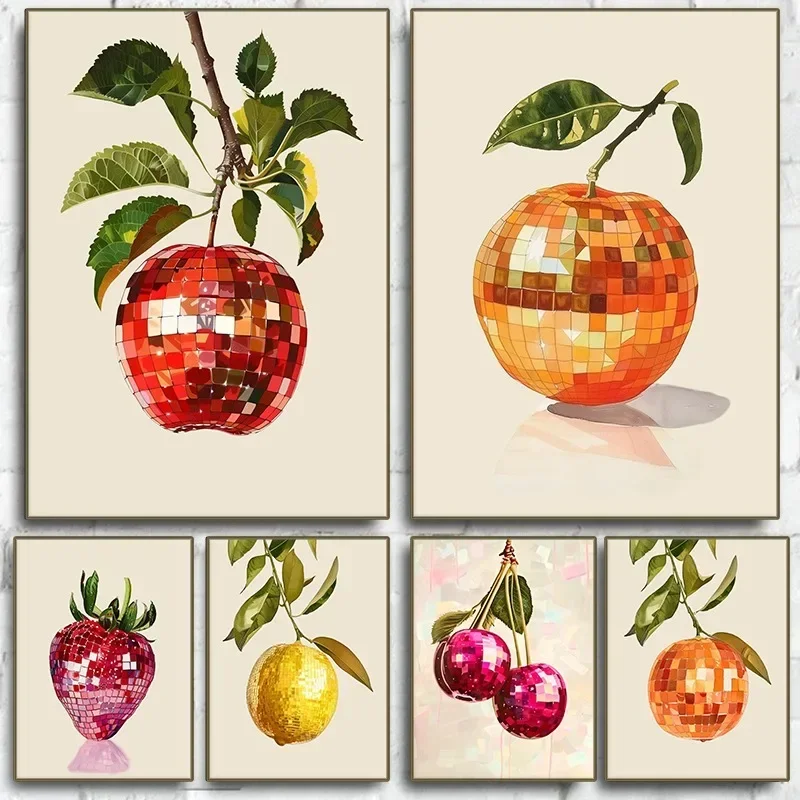 1pc frameless Canvas Painting Retro Disco Ball Fruit Wall Art Poster Retro Citrus Apple Strawberry Disco Mirror Ball Canvas Prin
