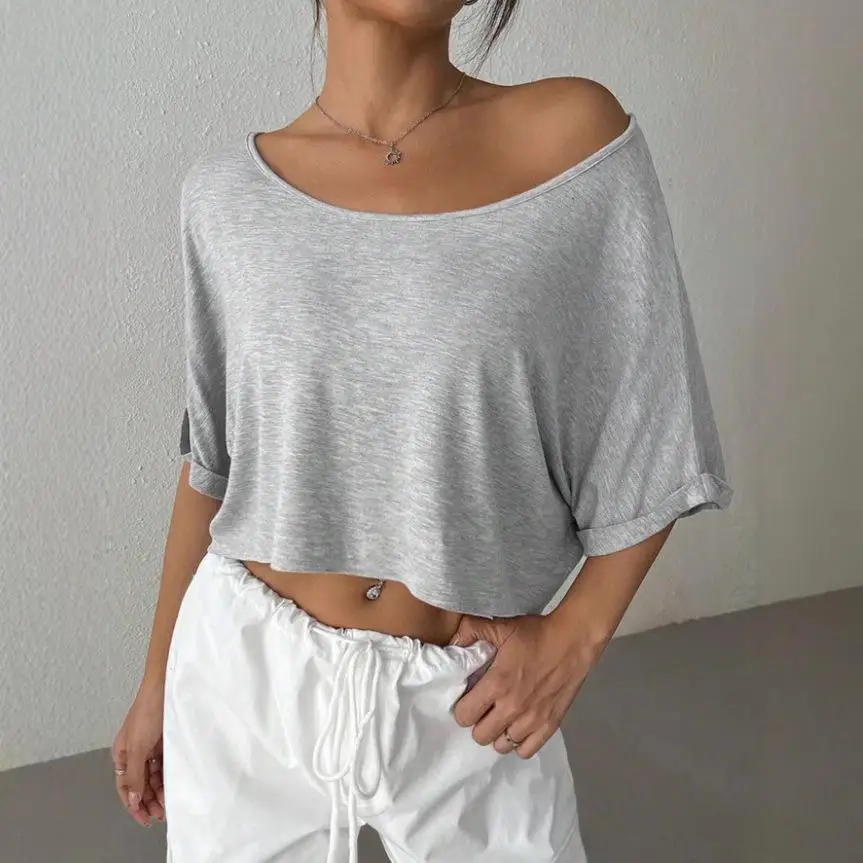 Women's ort Sve Cropped irt Loose Fit Polyester Fabric  Color T-irt European Sle Spring Summer Casual Wear