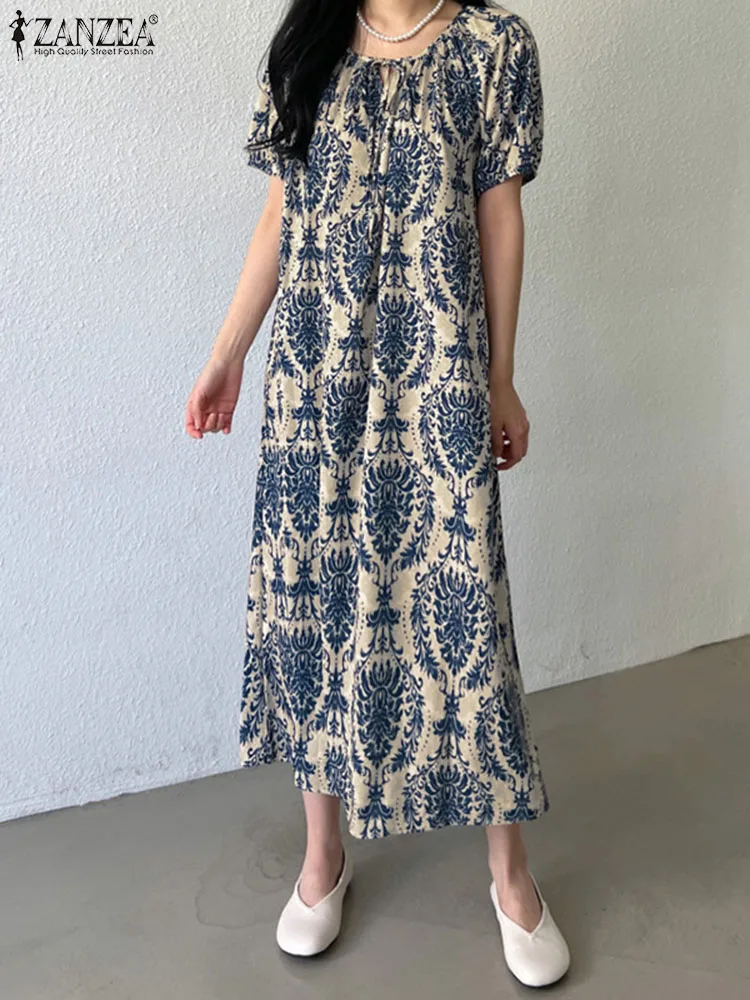 ZANZEA Women Puff Sleeve Loose Maxi Dress Vintage Printing Summer Vestidos Lace Up O-neck Robe Fashion Casual Holiday Dresses