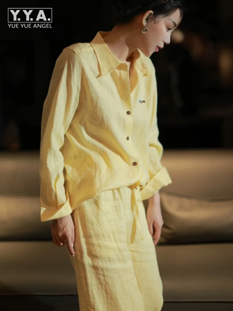 

Women Long Sleeve Shirt Wide Leg Pants Spring Summer Two Piece Set Linen Work Office Lady Outfits Comfortable Matching Suit Sets