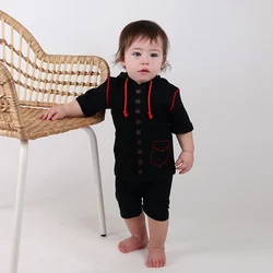 Kids t-shirt short sleeve black ribbed with hood front buttons baby boy girl clothes summer clothing red stitching pocket/string