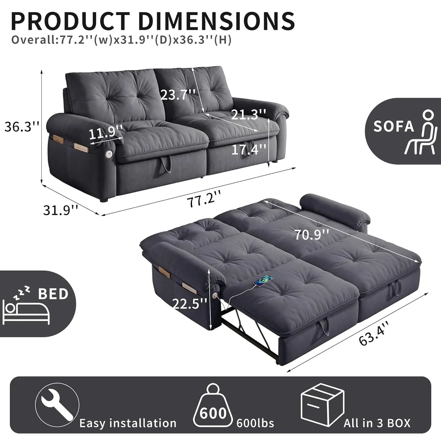 77 Inch Modern 2 Seater Convertible Sleeper Sofa Bed Pull Out Loveseat Sleeper with Side Pockets USB Port for Small Liv