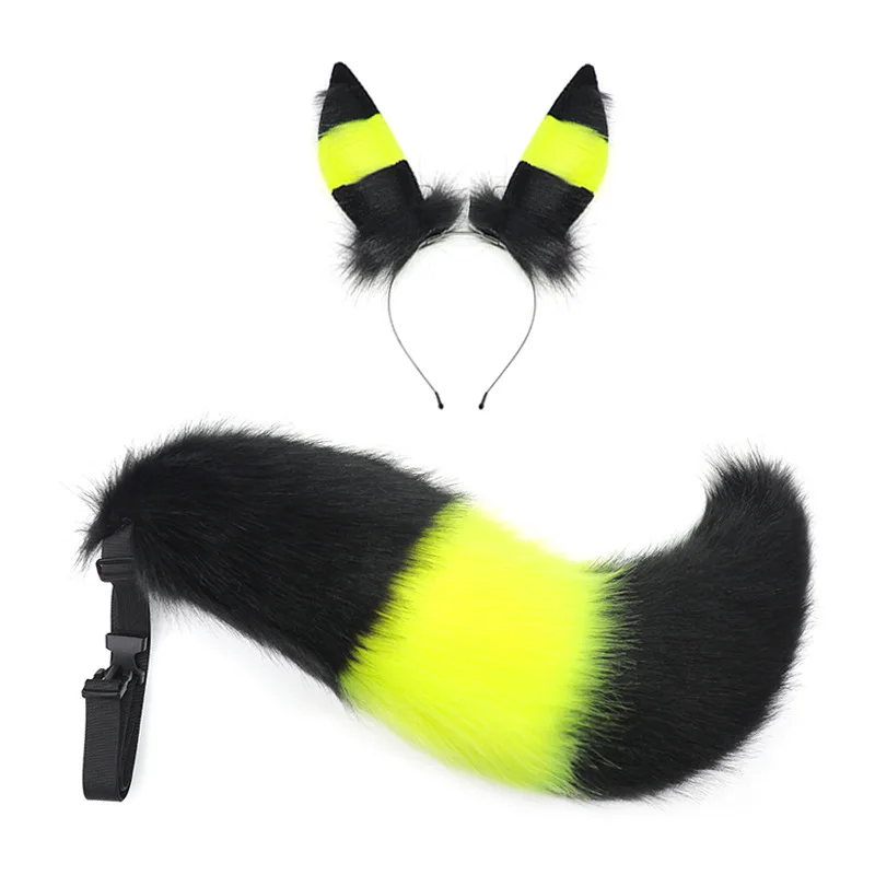 Kawaii Nero Giallo Luna Panno Fascia Coda pelosa Set Anime Cosplay Helloween Orecchie di volpe e accessori per coda per ragazze Unisex