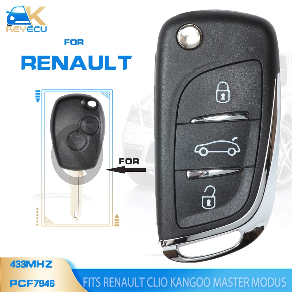 KEYECU 433MHz PCF7946 ID46 Chip Upgraded Flip Remote Car Key Fob 2 Button for Renault Clio Kangoo Master Modus 2006-2010