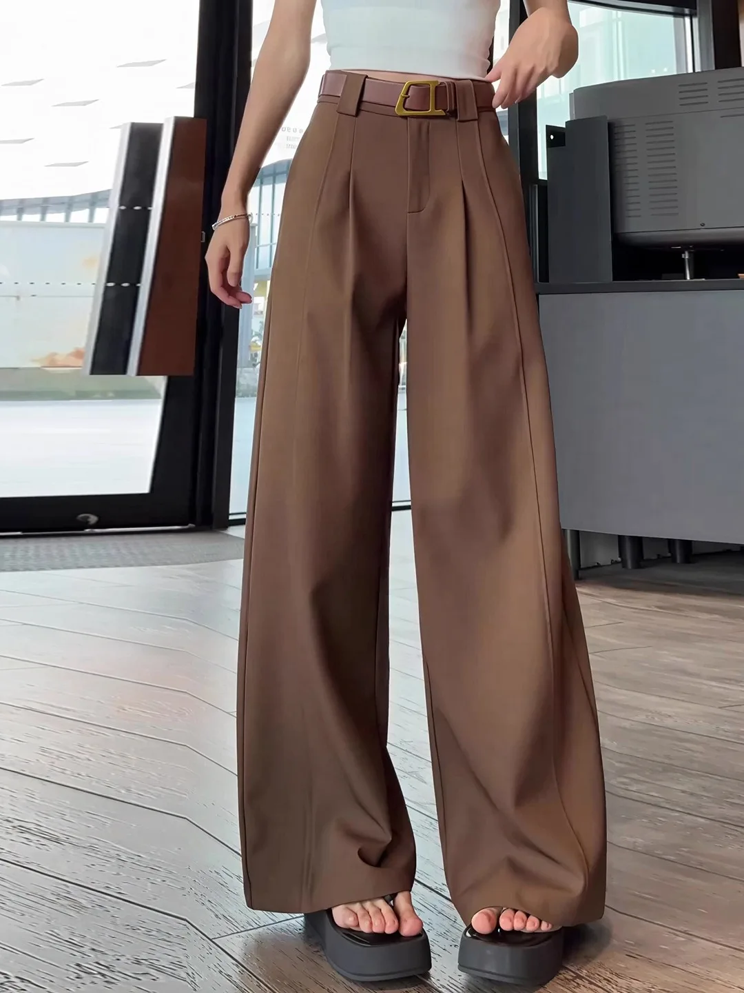 

Коричневые широкие брюки в американском стиле ретро, женские повседневные свободные удобные брюки больших размеров, осенние новые прямые брюки с высокой талией
