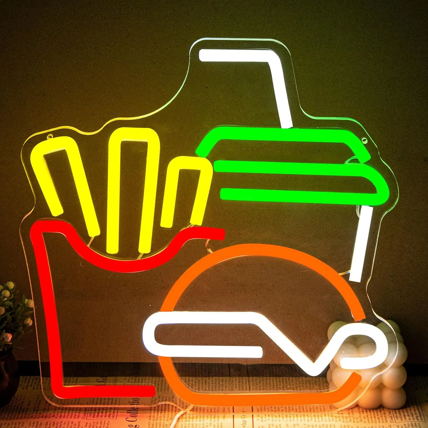 

Burger Fries Drink Neon Sign for Wall Decor,Dimmable Fast Food Business for Restaurant, Food Art Wall Decor for Snack Shop
