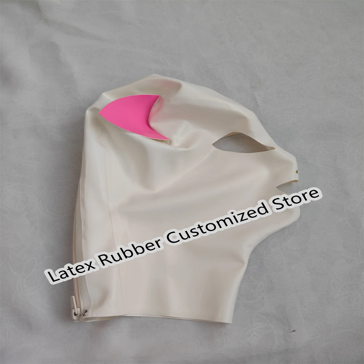 Latex Hood Cat Ear White Rubber Mask Back Zip for Party Night Club Cosplay Costumes